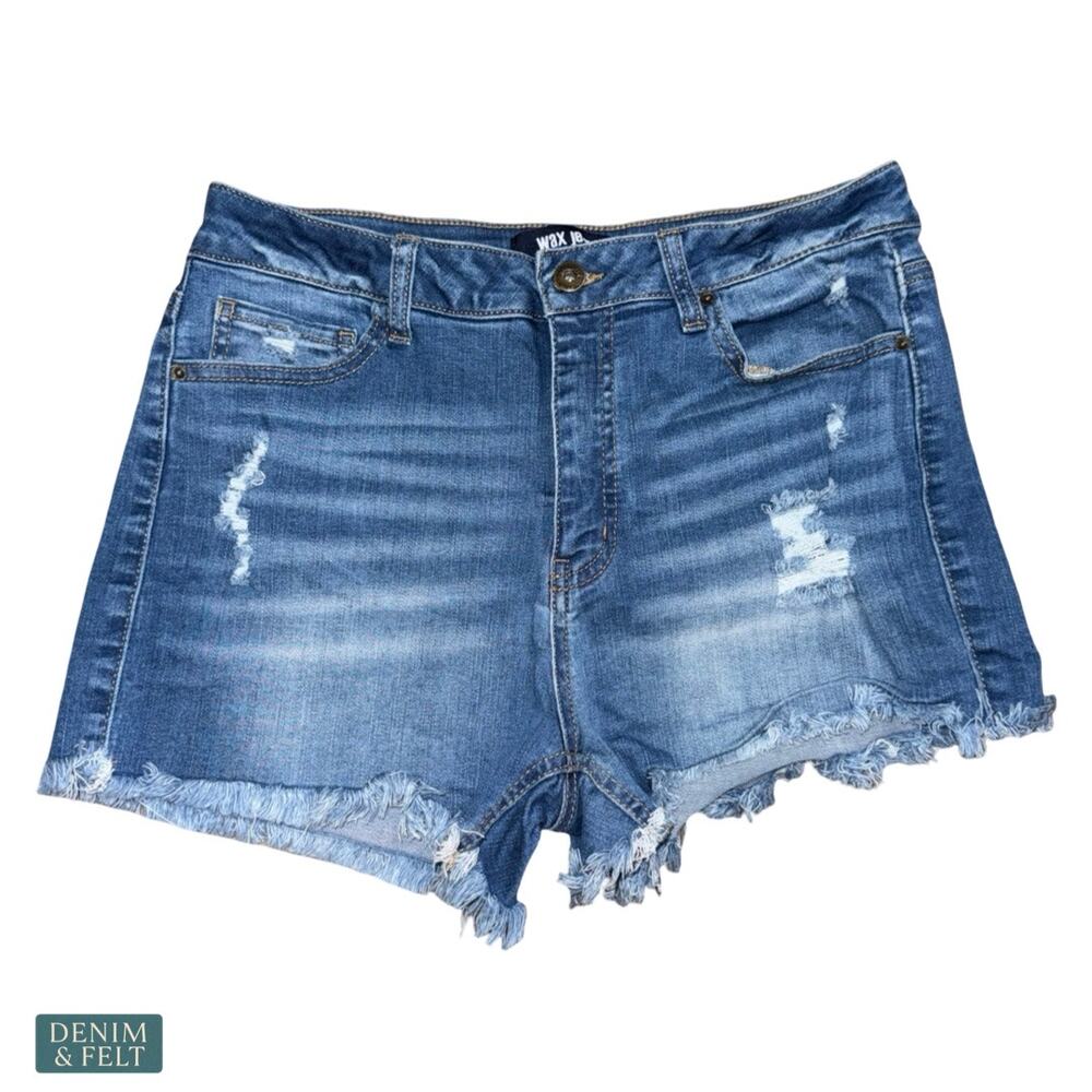 Wax Jean Distressed Denim Shorts Mid Rise Raw Hem Sporty Off Duty Casual Large